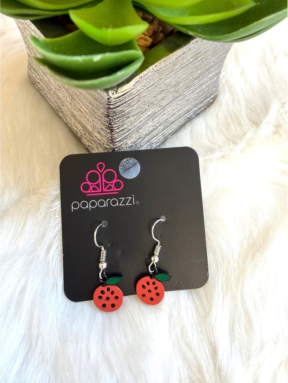 Orange Fruit Dangle Earrings with Green Leaf Detail